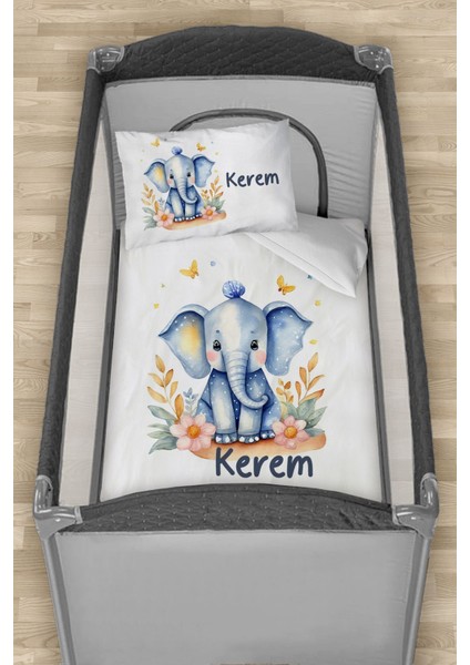 Isme Özel 75X120 Park Yatak Beşik Nevresim Takımı Mavi Fil