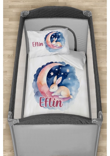 Isme Özel 75X120 Park Yatak Beşik Nevresim Takımı Ayda Uyuyan Tavşan