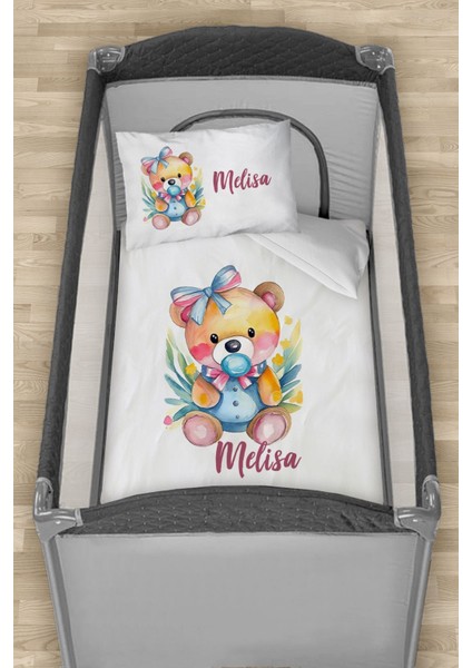 Isme Özel 75X120 Park Yatak Beşik Nevresim Takımı Emzikli Ayıcık