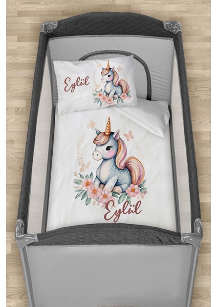 Isme Özel 75X120 Park Yatak Beşik Nevresim Takımı Çiçekli Unicorn