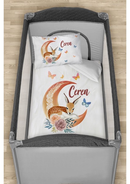 Isme Özel 75X120 Park Yatak Beşik Nevresim Takımı Aydaki Bambi