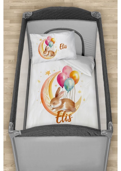 Isme Özel 75X120 Park Yatak Beşik Nevresim Takımı Aydaki Balonlu Tavşan