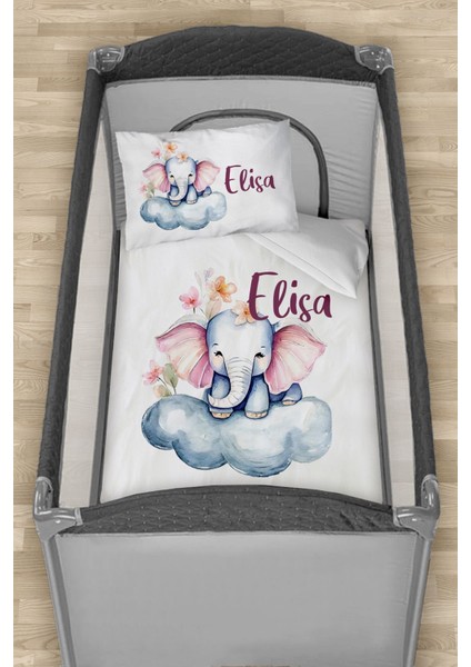 Isme Özel 75X120 Park Yatak Beşik Nevresim Takımı Buluttaki Sevimli Fil