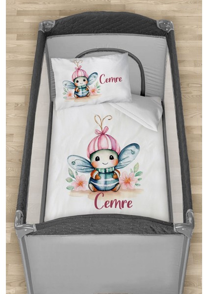 Isme Özel 75X120 Park Yatak Beşik Nevresim Takımı Sevimli Arı