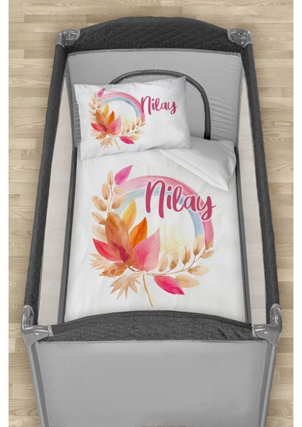 Isme Özel 75X120 Park Yatak Beşik Nevresim Takımı Çiçekli Gökkuşağı