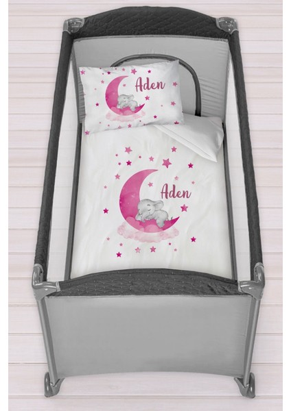 Isme Özel 75X120 Park Yatak Beşik Nevresim Takımı Pembe Fil