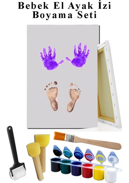 Bebek El Ayak Izi Tuval Boyama Seti 25 x 35 cm 1 Paket Parmak Boyası Zemin Fırça Rulo Fırça Ponpon Fırça Hatıra Seti