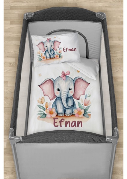 Isme Özel 75X120 Park Yatak Beşik Nevresim Takımı Pembe Kulaklı Fil