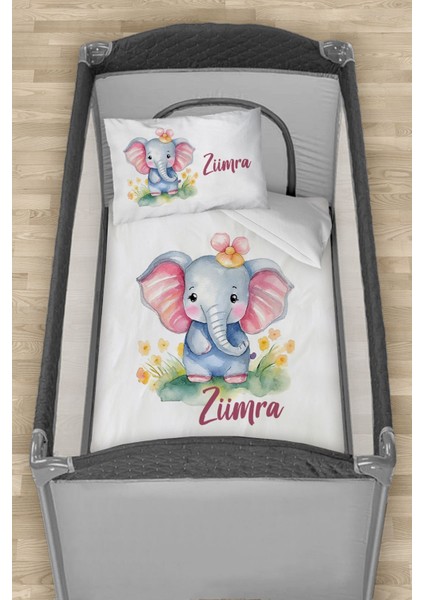 Isme Özel 75X120 Park Yatak Beşik Nevresim Takımı Çiçekli Yavru Fil