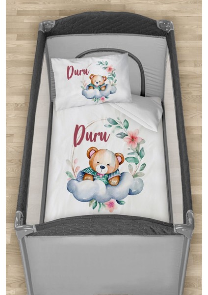 Isme Özel 75X120 Park Yatak Beşik Nevresim Takımı Buluttaki Ayıcık