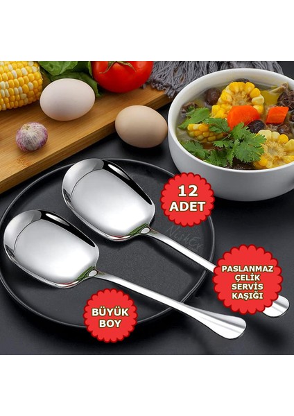 12'li Lüks Servis Kaşığı Seti Büyük Boy Paslanmaz Çelik Kaşık Salata Pasta Yemek Servis Mutfak Kaşığı