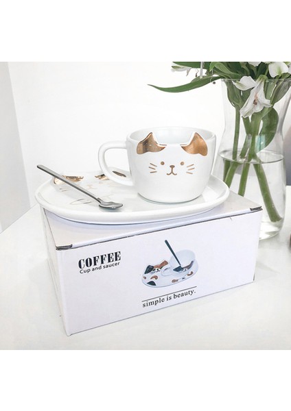 Seramik Kahve Fincanı Tabağı Kaşıkla Set Yaratıcı Sevimli Karikatür Kedi Çay Bardağı Kahvaltı Süt Kahve Kupa Ekmek Tatlı Yemek Hediye | Çay Fincanı (Yurt Dışından) modelleri