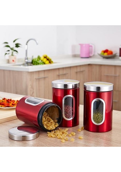 3 Adet Gıda Stoarge Kavanoz / Set Seal Kapak Gıda Koruma Konteyner Paslanmaz Çelik Mutfak Saklama Kutusu Çay Pirinç Fasulye | Şişeler, Kavanozlar ve Amp;kutular (Kırmızı) (Yurt Dışından)