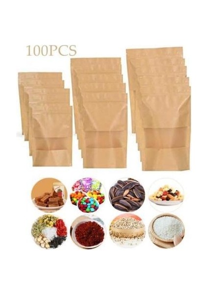Pencereli 100 Zip Kraft Kağıt Torbalar, Şeker, Hamam, Hediye Için Temiz Pencereli Biyobozunur Ambalaj Çantası (Yurt Dışından)