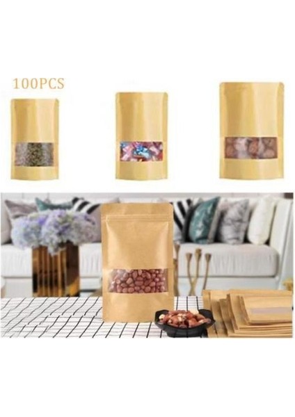 Pencereli 100 Zip Kraft Kağıt Torbalar, Şeker, Hamam, Hediye Için Temiz Pencereli Biyobozunur Ambalaj Çantası (Yurt Dışından)