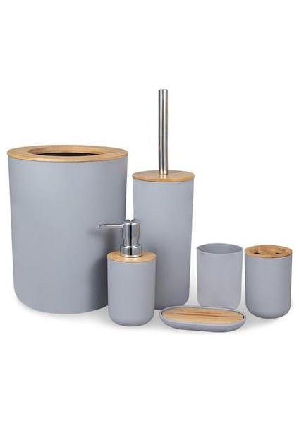 Banyo Aksesuarları Set 6 Parça Bambu Oda Seti Diş Fırçası Tutucu Sabun Dağıtıcı Tuvalet Fırçası Çöp Kutusu Banyo Temel Seti | Banyo Donanım Setleri (Gri) (Yurt Dışından)