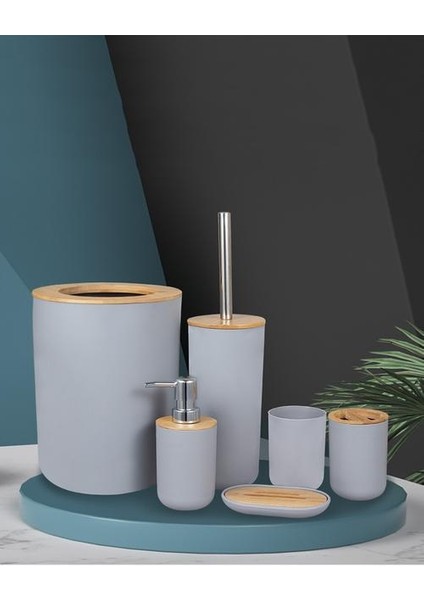 Banyo Aksesuarları Set 6 Parça Bambu Oda Seti Diş Fırçası Tutucu Sabun Dağıtıcı Tuvalet Fırçası Çöp Kutusu Banyo Temel Seti | Banyo Donanım Setleri (Gri) (Yurt Dışından)