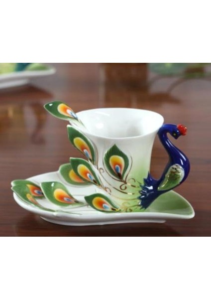 3D Renk Emaye Hayvan Kahve Fincanı Tabağı ve Kaşıkla Set Seramik Öğleden Sonra Çay Bardak Porselen Drinkware | Teacups (Yeşil) (Yurt Dışından)