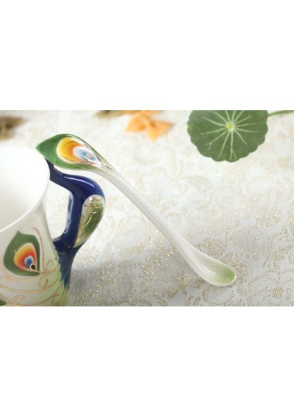 3D Renk Emaye Hayvan Kahve Fincanı Tabağı ve Kaşıkla Set Seramik Öğleden Sonra Çay Bardak Porselen Drinkware | Teacups (Yeşil) (Yurt Dışından)
