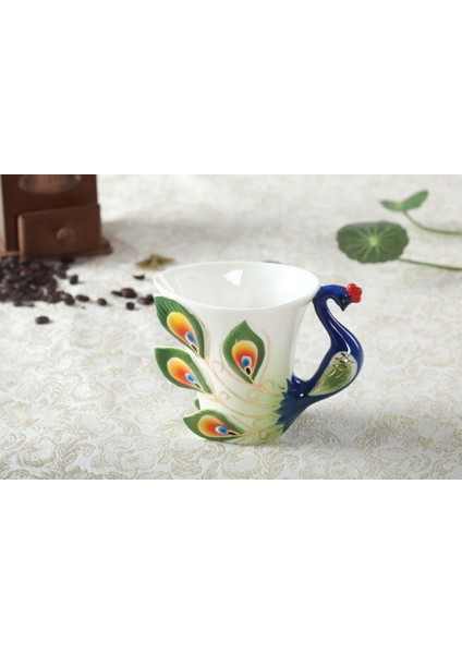 3D Renk Emaye Hayvan Kahve Fincanı Tabağı ve Kaşıkla Set Seramik Öğleden Sonra Çay Bardak Porselen Drinkware | Teacups (Yeşil) (Yurt Dışından)