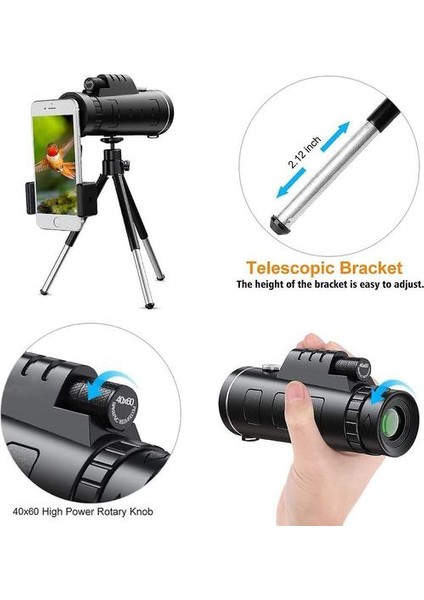 Monoküler Teleskop, Hd 40X60 Monoküler Su Geçirmez Monoküler Teleskoplar Smartphone ile Sis Geçirmez Kuş Gözlemciliği, Avcılık, Yürüyüş Gezi, Konser Top Oyunu, (Siyah) (Yurt Dışından) fırsatları