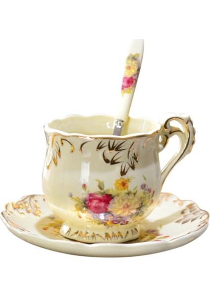 Avrupa Fildişi Porselen Çay Fincanı ve Tabağı 250 ml Yüksek Seramik Kahve Fincanı Gül Çiçek Kırmızı Çay Bardağı Seti Drinkware Güzel Hediye | Teacups (Yurt Dışından)