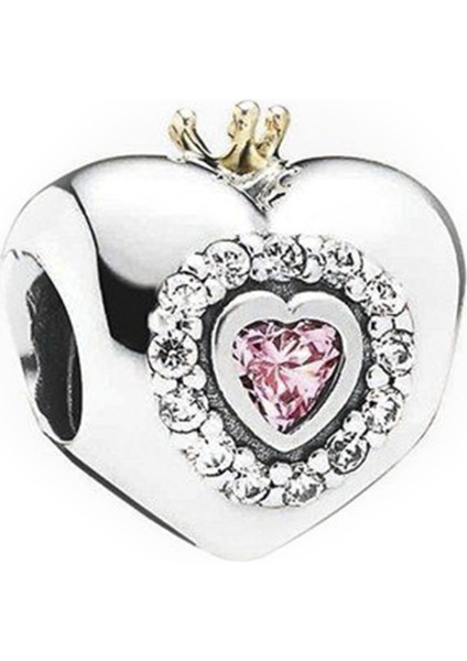 Princess Taçlı Kalp Gümüş Charm NUR-BL00326
