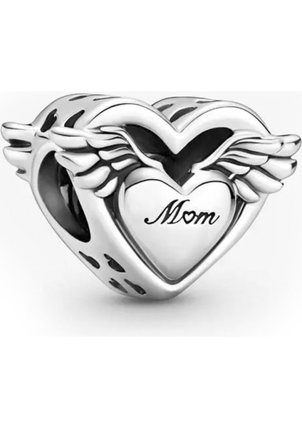'My Angel' ve 'Mom' Yazılı Melek Kanatlı Gümüş Charm NUR-BL00317