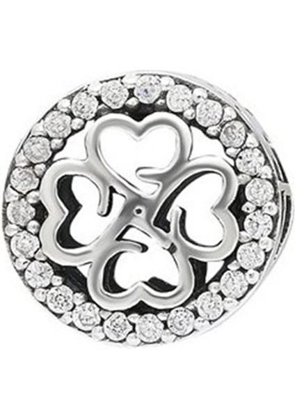 Yonca Model Taşlı Yuvarlak Gümüş Charm NUR-BL09996