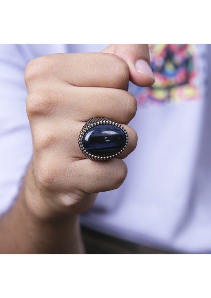 Erkek Lacivert Kaplan Gözü Gümüş Yüzük NUR-YZ00123