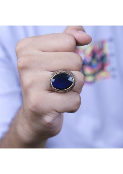 Erkek Mavi Taşlı Gümüş Yüzük NUR-YZ01018
