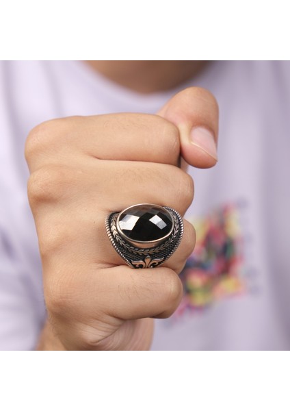 Erkek Siyah Taşlı Gümüş Yüzük NUR-YZ00113