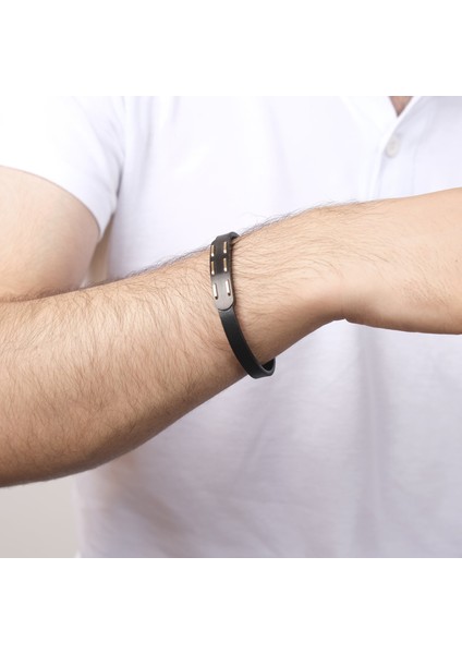 Erkek Rose Renk Detaylı Deri Çelik Bileklik NUR-BL05412