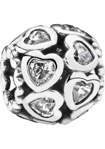Beyaz Taşlı Kalpli Yuvarlak Gümüş Charm NUR-BL12498