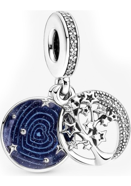 Mavi Gece Gökyüzü, Hilal ve Yıldızlar Sallantılı Gümüş Charm NUR-BL00241