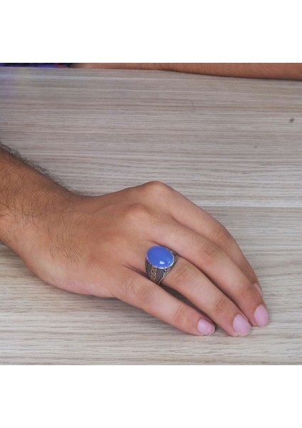 Erkek Mavi Taşlı Gümüş Yüzük NUR-YZ83475