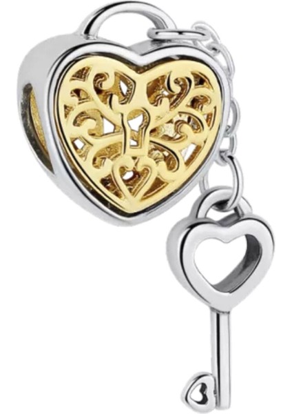 Kalp Asma Kilit Ve Anahtar Gümüş Charm NUR-BL00223
