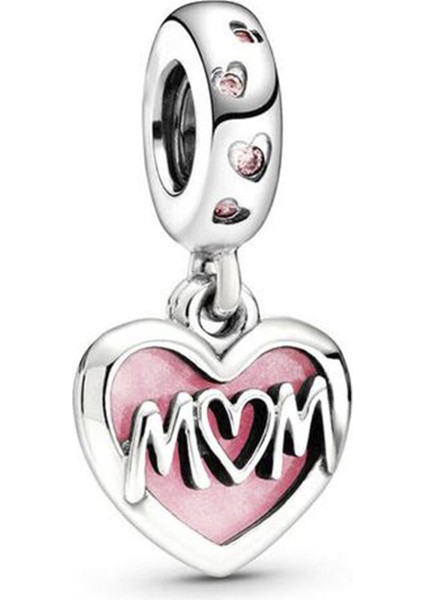 Mom Yazılı Pembe Mineli Kalp Gümüş Charm NUR-BL00193