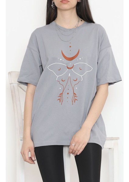 Baskılı Bisiklet Yaka T-Shirt Gri - 16498.1567.