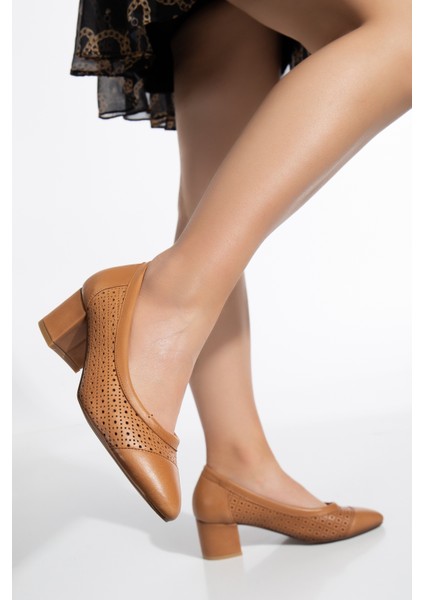 Kadın Deri Delikli Topuklu Ayakkabı 2863 Topuklu Ayakkabı Taba 41