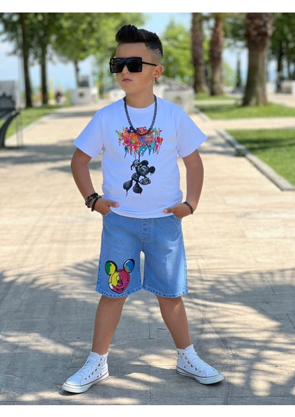 Erkek Beyaz T-Shirt Kot Şort