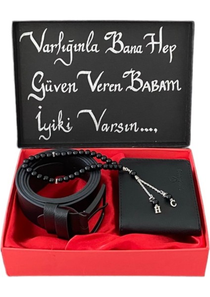 Erkek Siyah Deri Kemer Cüzdan Harfli Tesbih Hediye Seti
