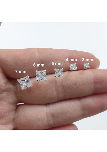 Gümüş 3 mm. Kare , Tek Taş Zirkon Küpe y95-3