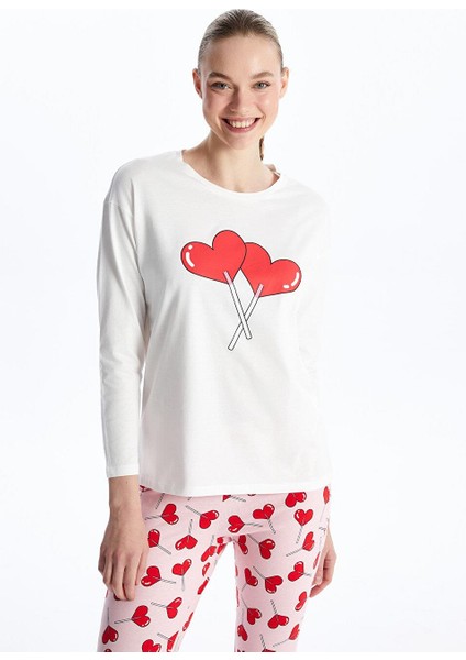 Bisiklet Yaka Baskılı Uzun Kollu Kadın Pijama Takımı