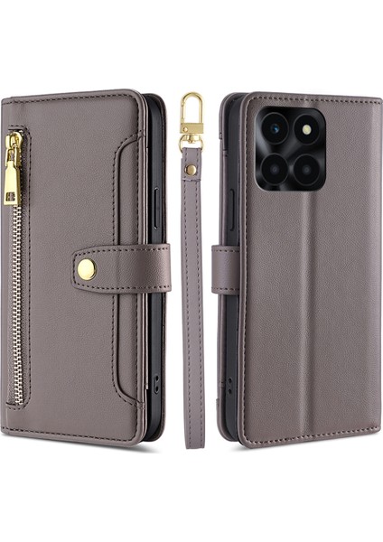 Honor X6A 4g Kasa Zipper Cüzdan Deri Telefon Stand Kapağı Uzun ve Kısa Kayış (Yurt Dışından)