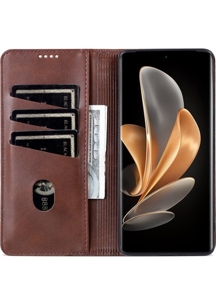Honor Magic6 Pro 5g Manyetik Sığır Derisi Doku Deri Telefon Standı Kapağı (Yurt Dışından)