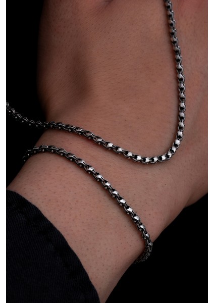 Erkek Gümüş Kolye Bileklik Set - 3mm Pullu Arnavut Zinciri Gümüş Kolye Bileklik Set