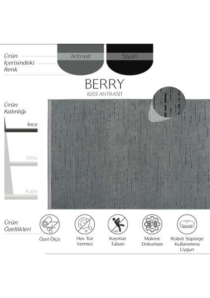 Berry 8203 Antrasit Halı Oturma Odası Halısı Kaymaz Taban Halı Kesme Halı Yolluk Ince Halı Kilim fiyatları