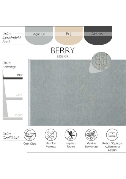 Berry 8208 Gri Halı Salon Halısı Iskandinav Halı Kesme Halı Yolluk Kaymaz Taban Halı Ince Halı Kilim