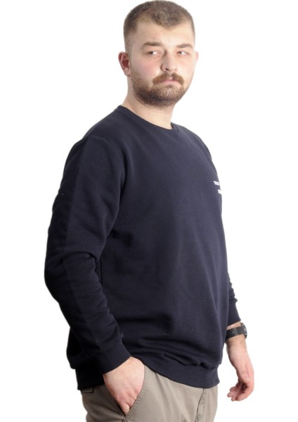 Büyük Beden Erkek Sweathirt Bisiklet Yaka Nakışlı Sweat 23525 Lacivert modelleri